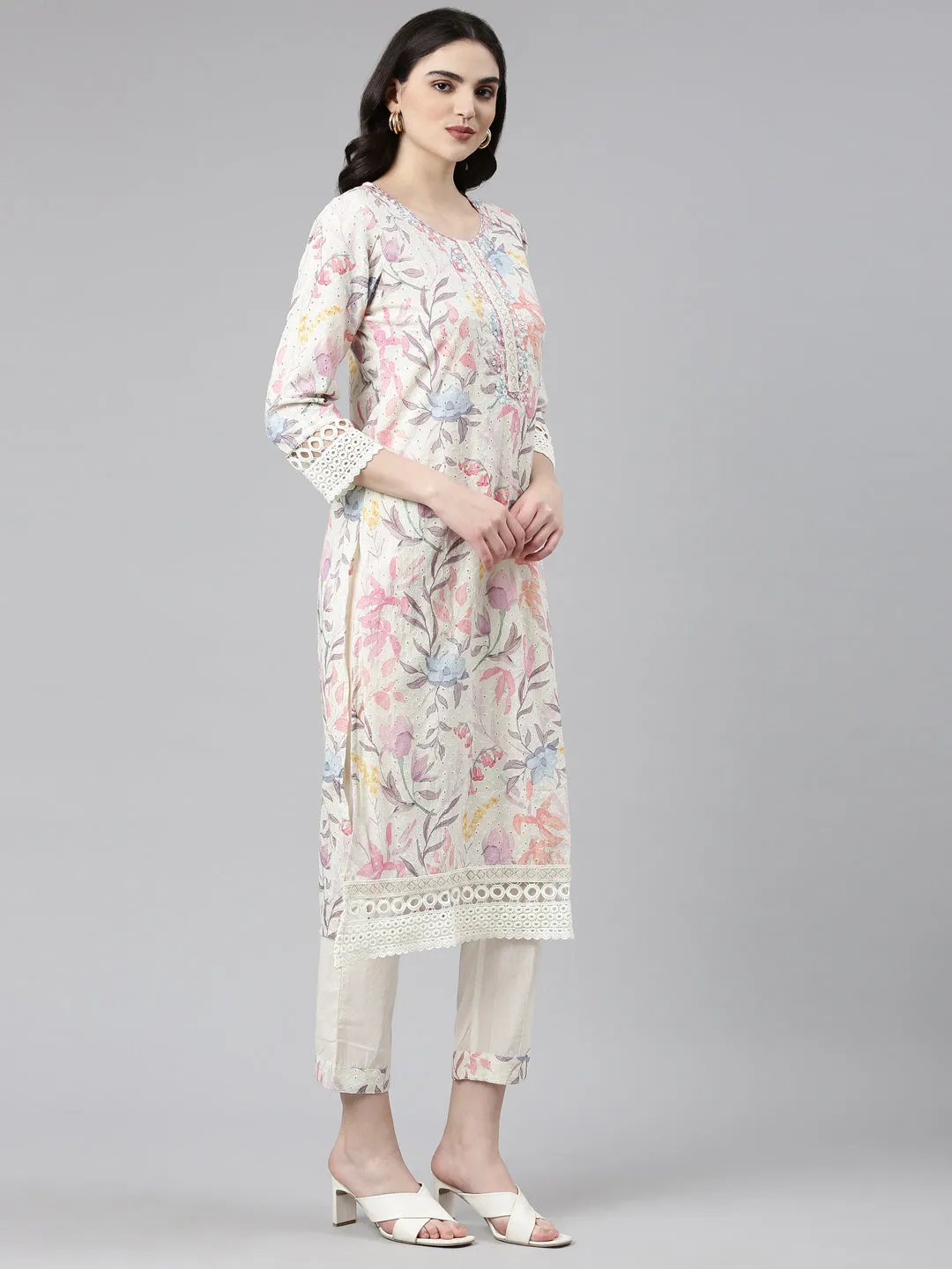 Neeru's Cream Regular Straight Printed Readymade suits
