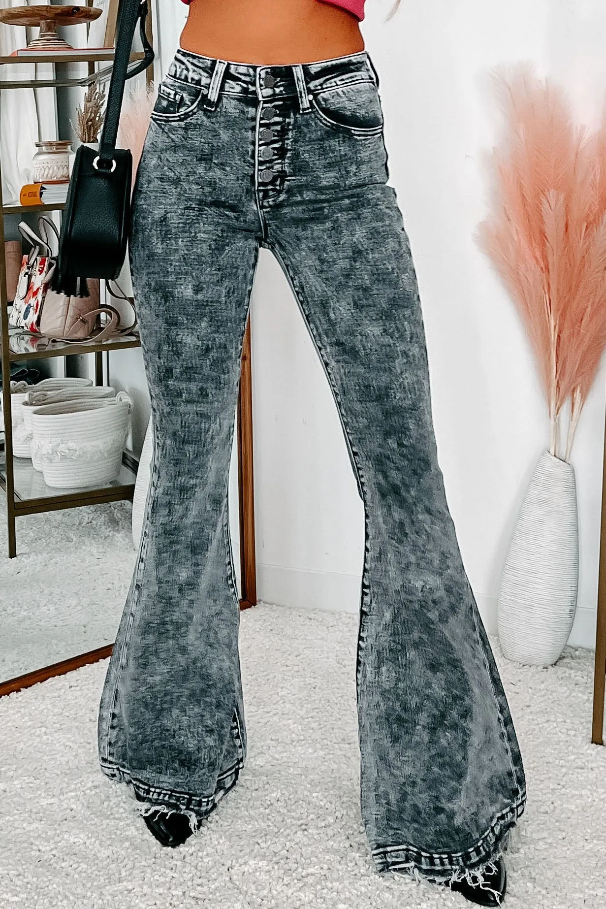 Neverminded Button Fly Acid Wash Flare Jeans (Grey)