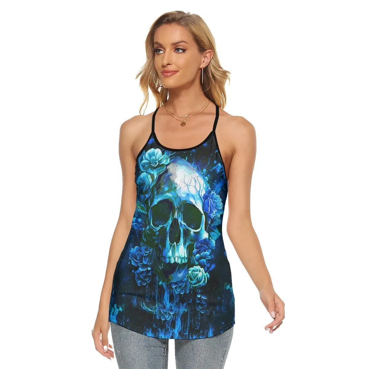 Ocean Skull Gothic Punk Style Criss-Cross Open Back Tank Top