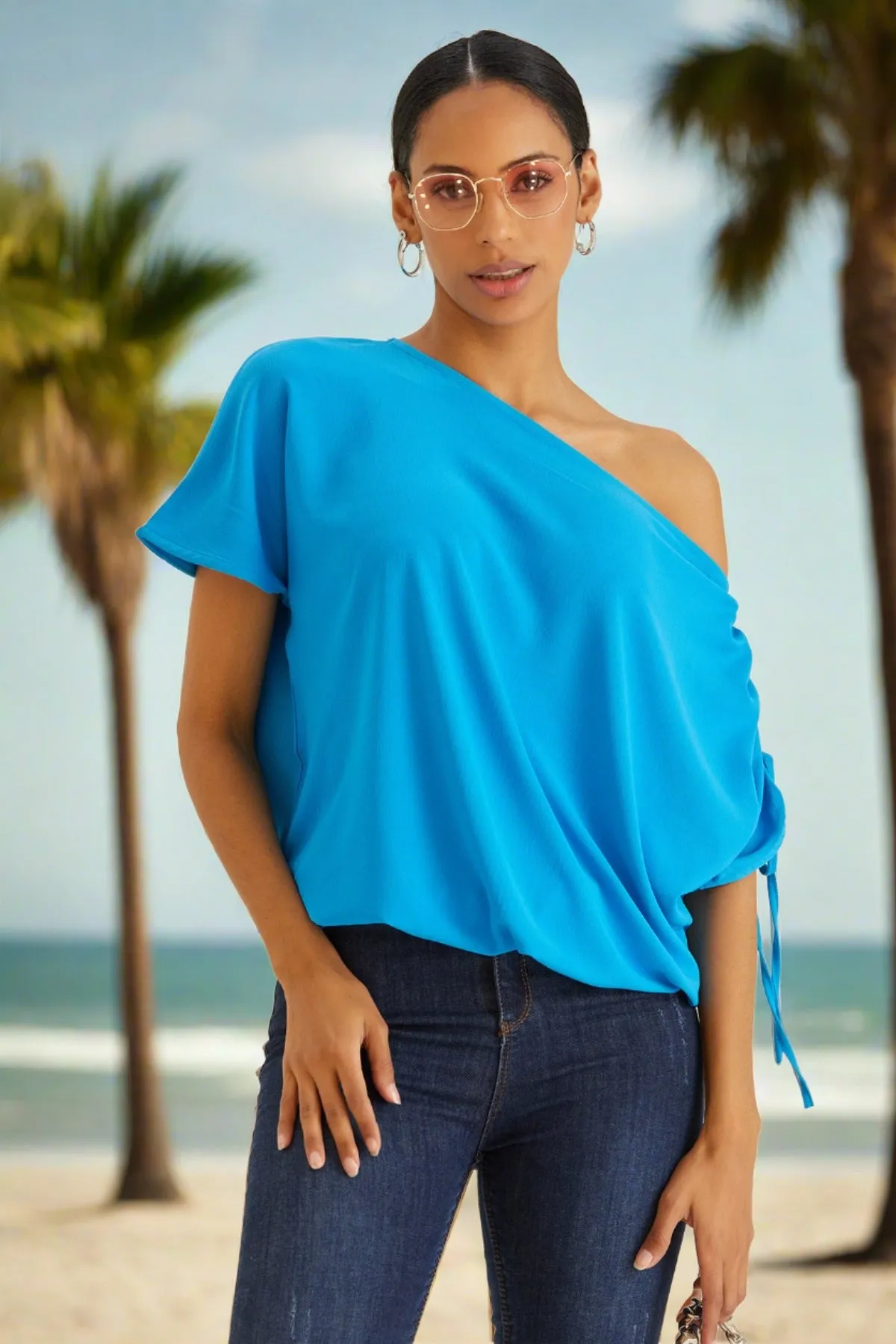 Off Shoulder Oversize Top in Blue