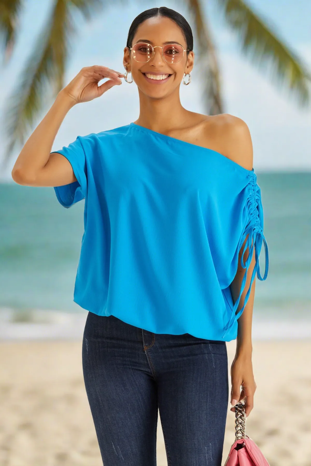 Off Shoulder Oversize Top in Blue