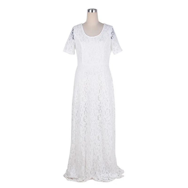 Plus Size Elegant Short Sleeve Lace Long Dress
