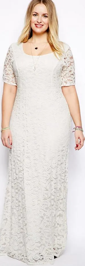 Plus Size Elegant Short Sleeve Lace Long Dress