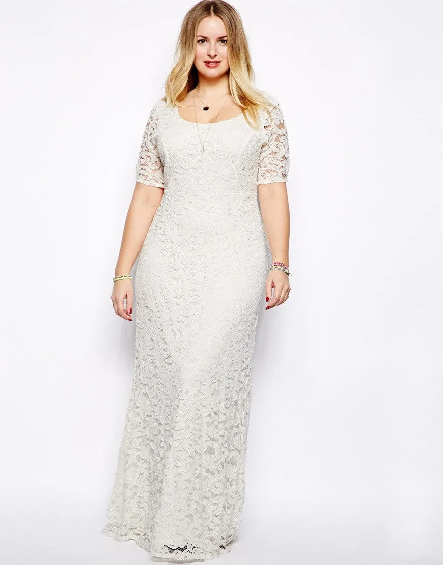 Plus Size Elegant Short Sleeve Lace Long Dress