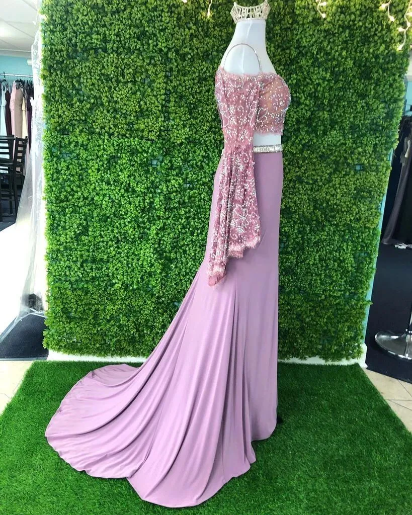 Promfast Chic Sheath Spaghetti Straps Pink Long Sleeves Prom Dresses Evening Dress PFP1774