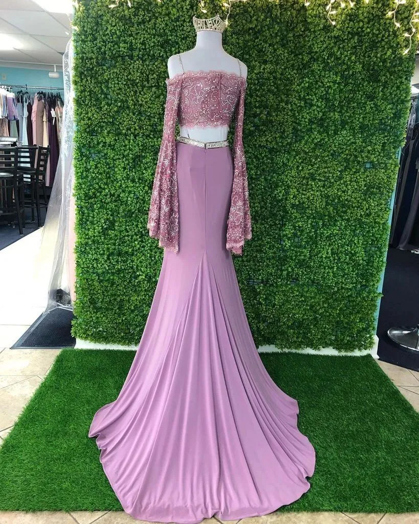 Promfast Chic Sheath Spaghetti Straps Pink Long Sleeves Prom Dresses Evening Dress PFP1774