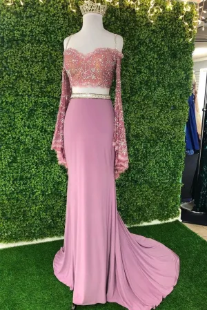 Promfast Chic Sheath Spaghetti Straps Pink Long Sleeves Prom Dresses Evening Dress PFP1774