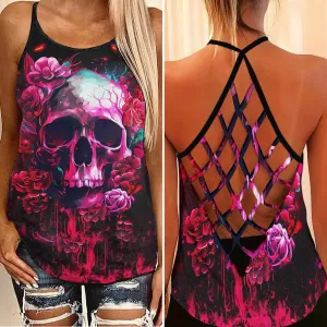 Punk Skull Gothic Rose Criss-Cross Open Back Tank Top