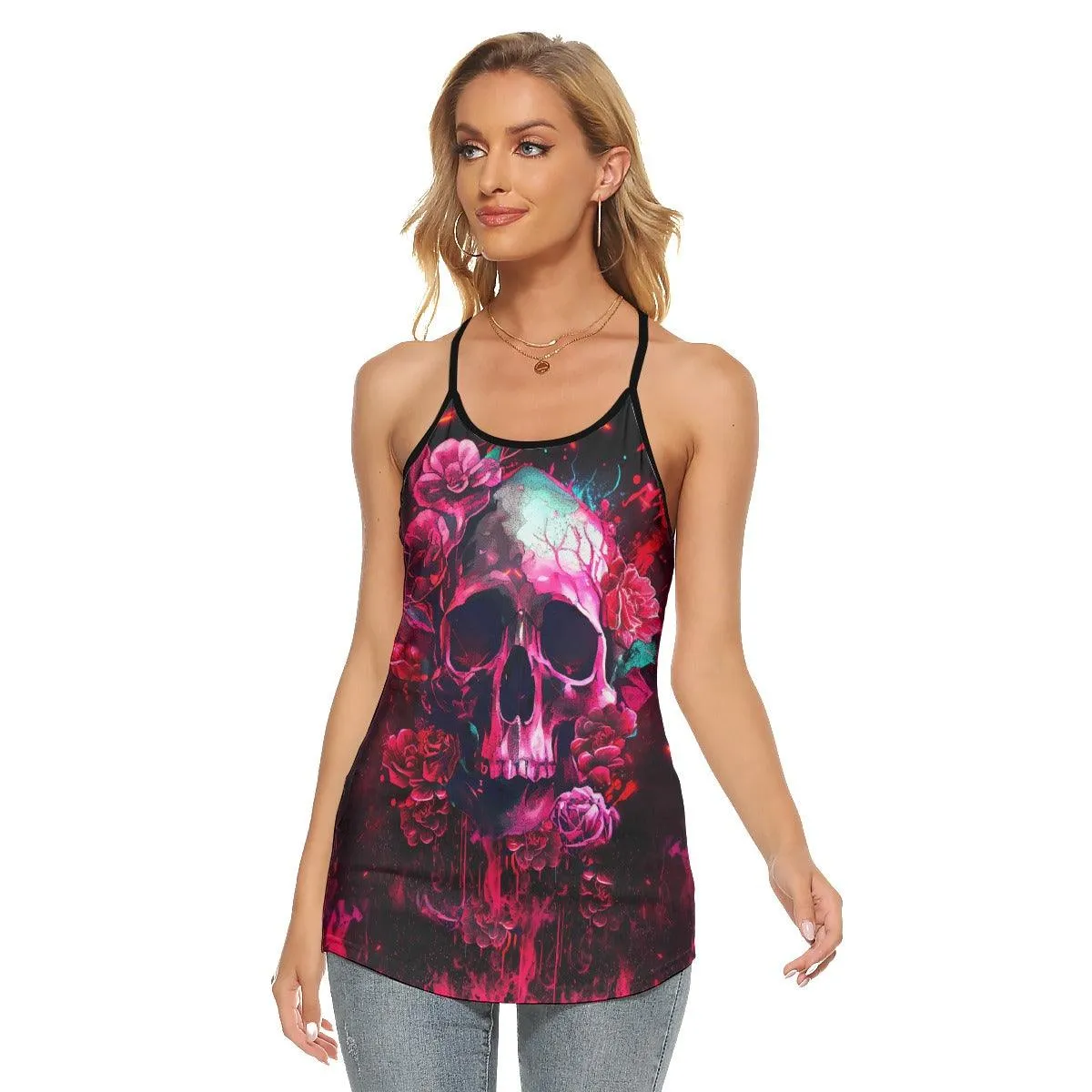 Punk Skull Gothic Rose Criss-Cross Open Back Tank Top