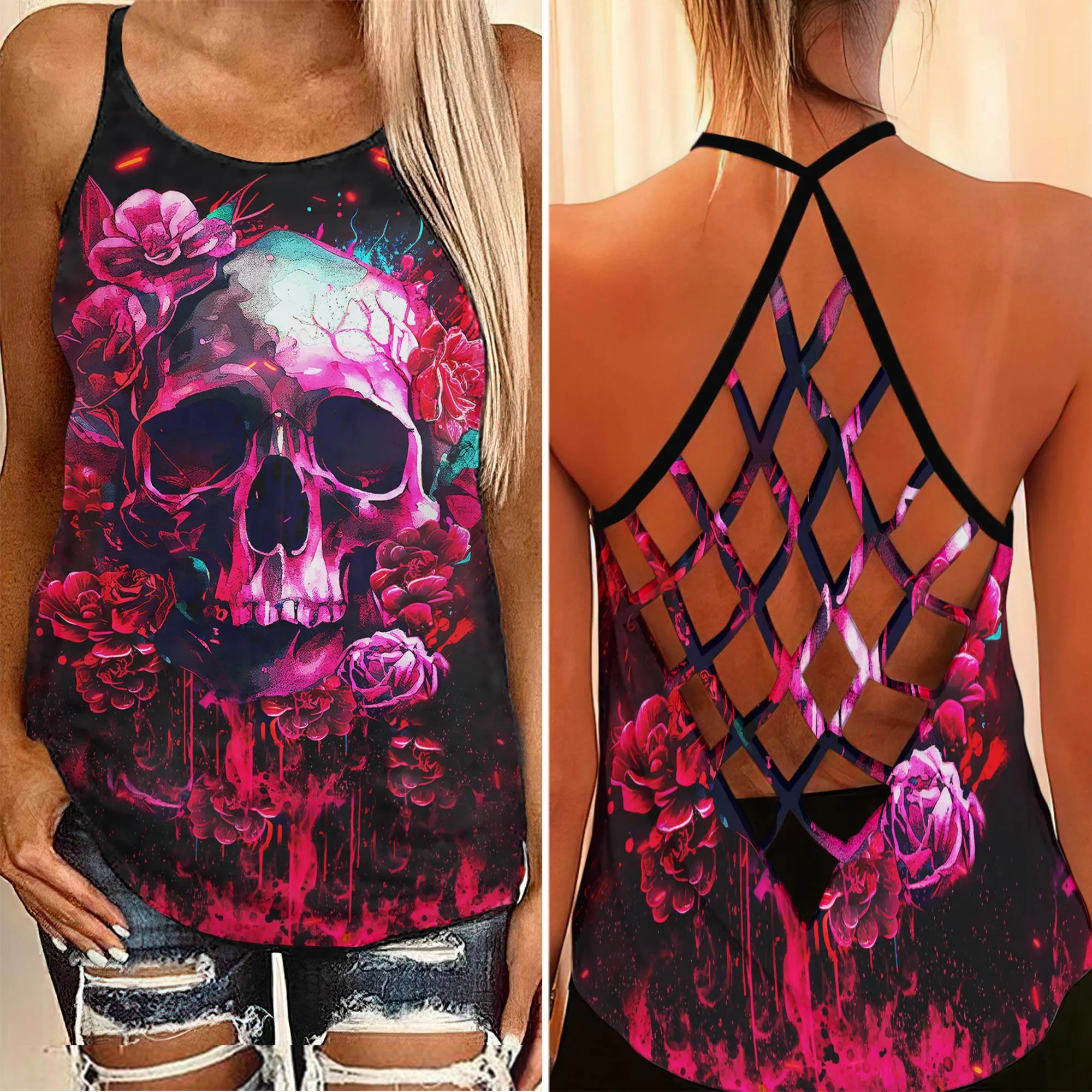 Punk Skull Gothic Rose Criss-Cross Open Back Tank Top