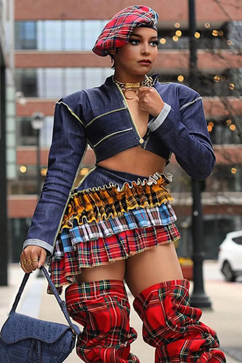 QK703 Scottish Splicing Denim Mini Skirt