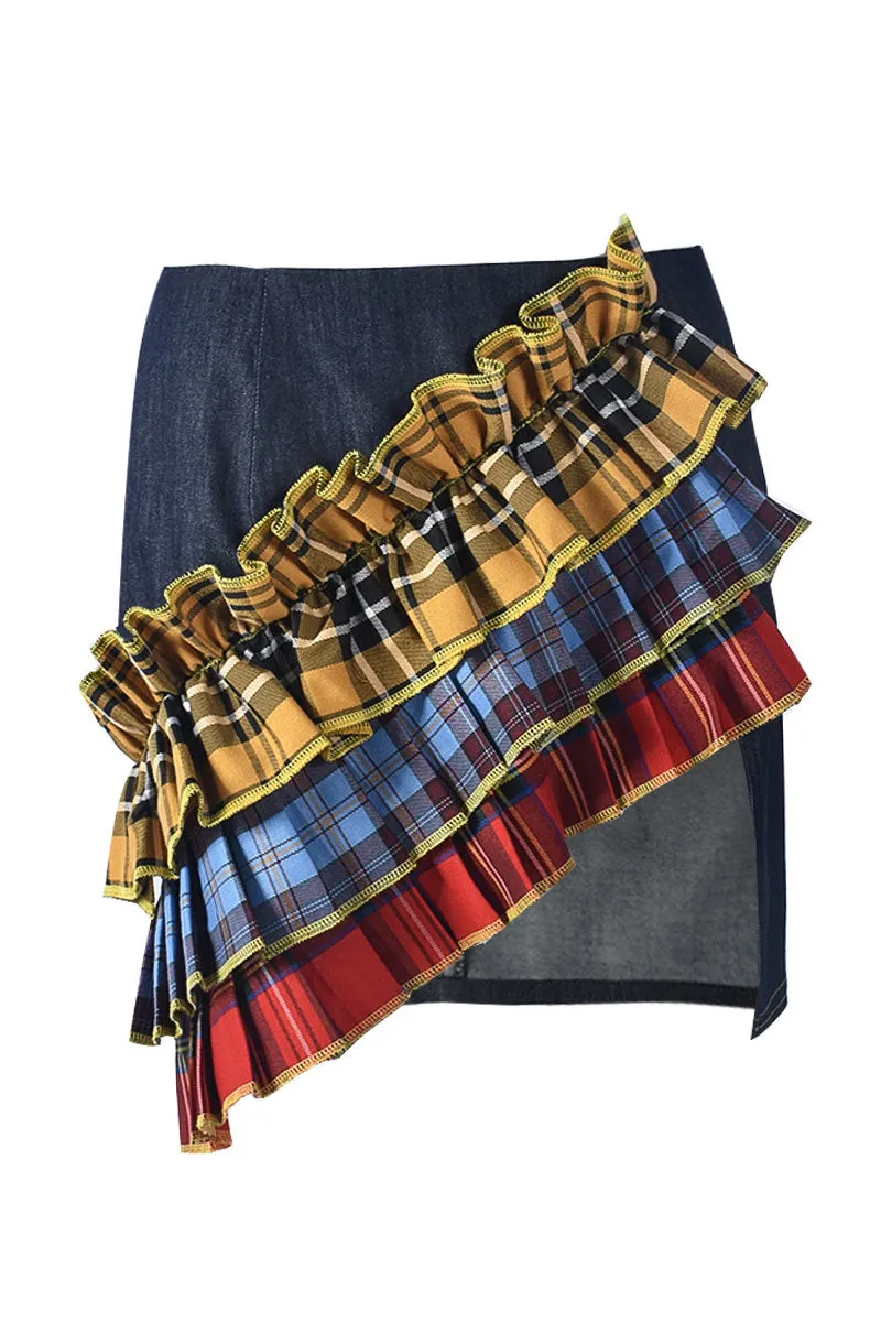 QK703 Scottish Splicing Denim Mini Skirt