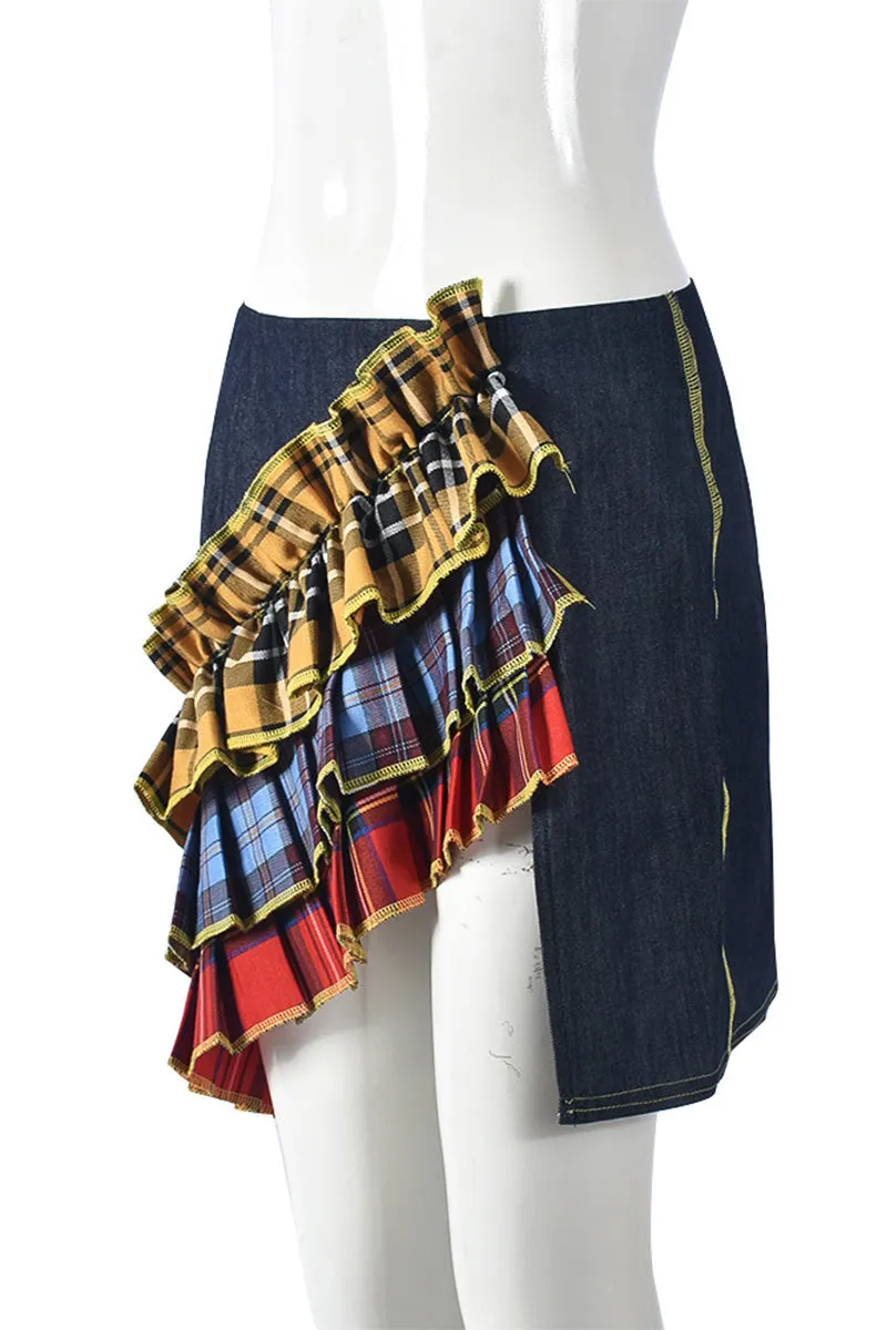 QK703 Scottish Splicing Denim Mini Skirt