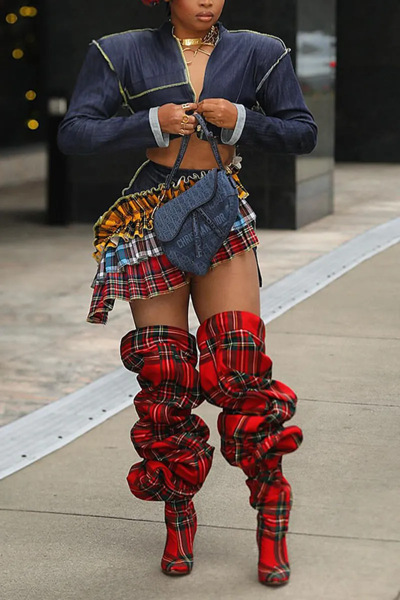 QK703 Scottish Splicing Denim Mini Skirt