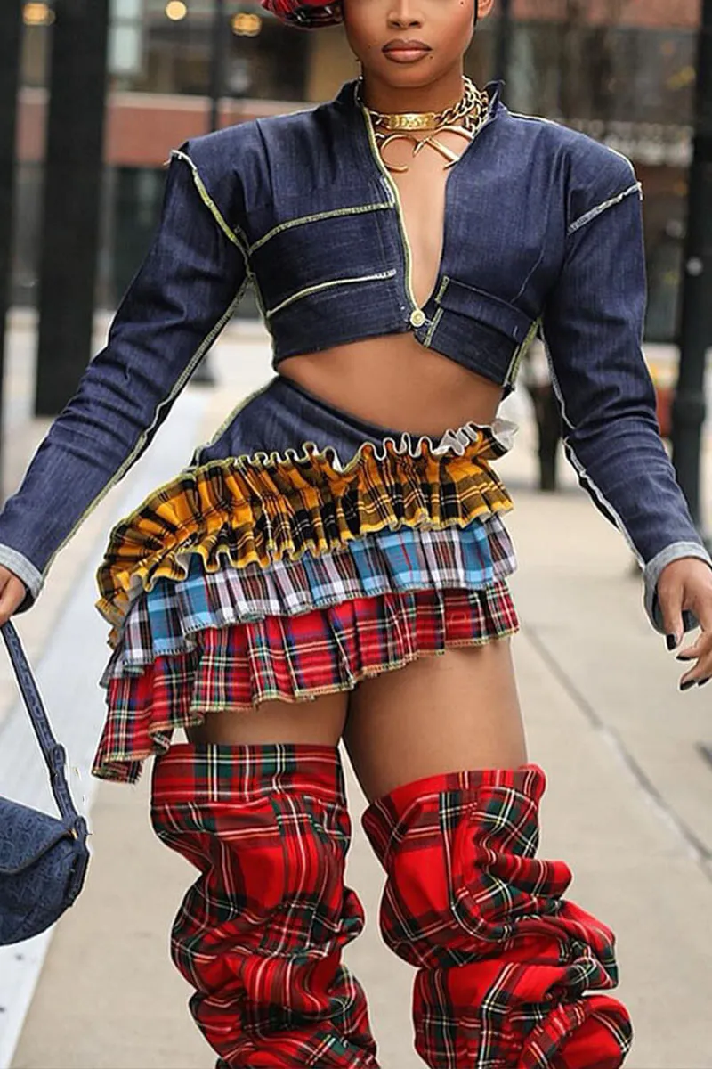 QK703 Scottish Splicing Denim Mini Skirt
