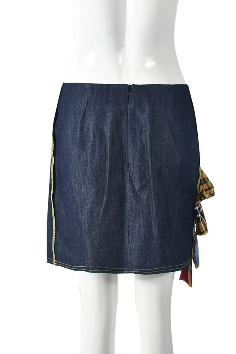 QK703 Scottish Splicing Denim Mini Skirt