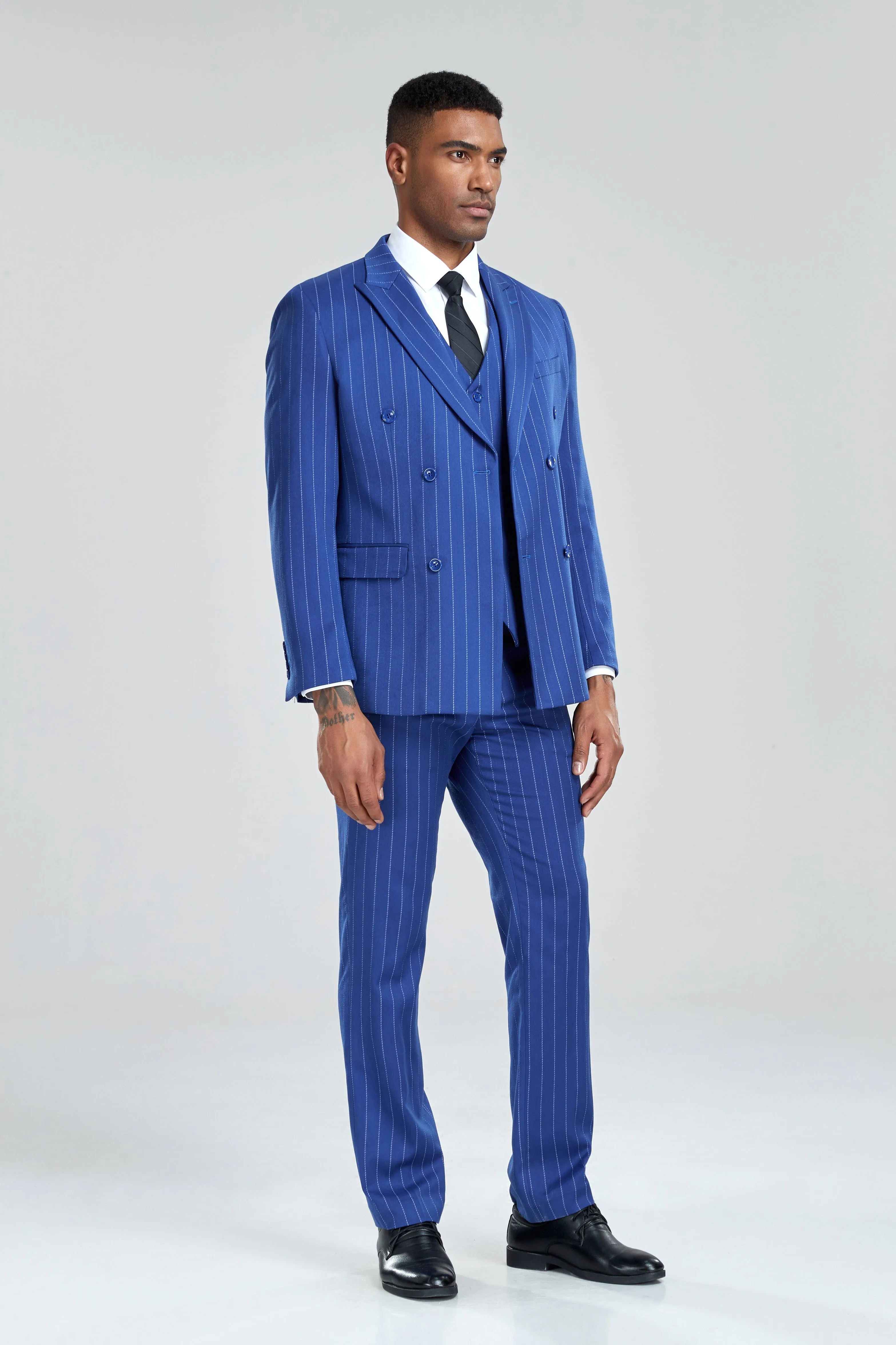 Royal Blue Stripe Men's 3 Piece Suits