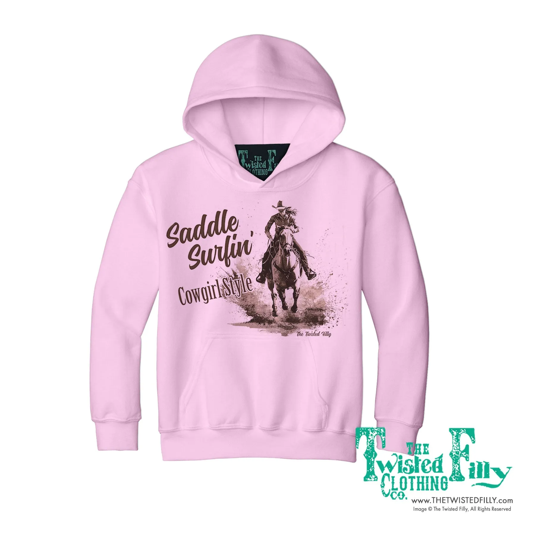 Saddle Surfin' Cowgirl Style - Youth Girls Hoodie - Assorted Colors