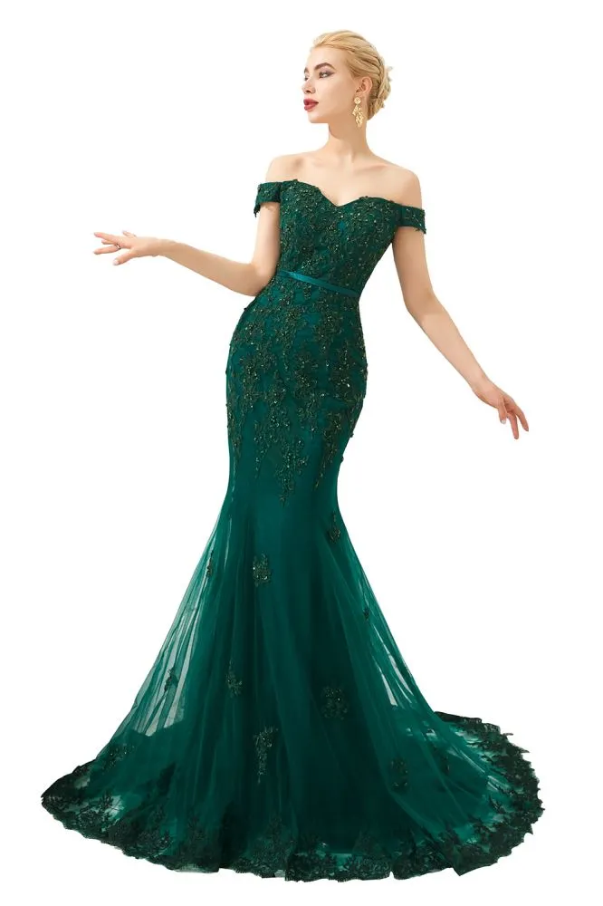 Sexy Off the Shoulder Mermaid Evening Party Gown Backless Tulle Prom Dress