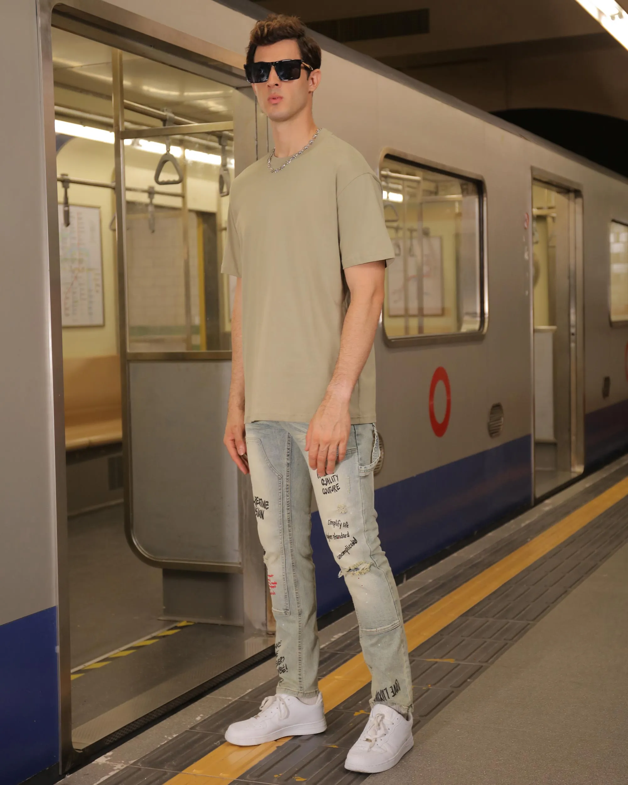Spray Paint Graffiti Distressed Blue ripped Jeans