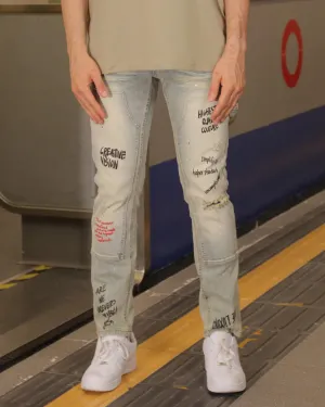Spray Paint Graffiti Distressed Blue ripped Jeans