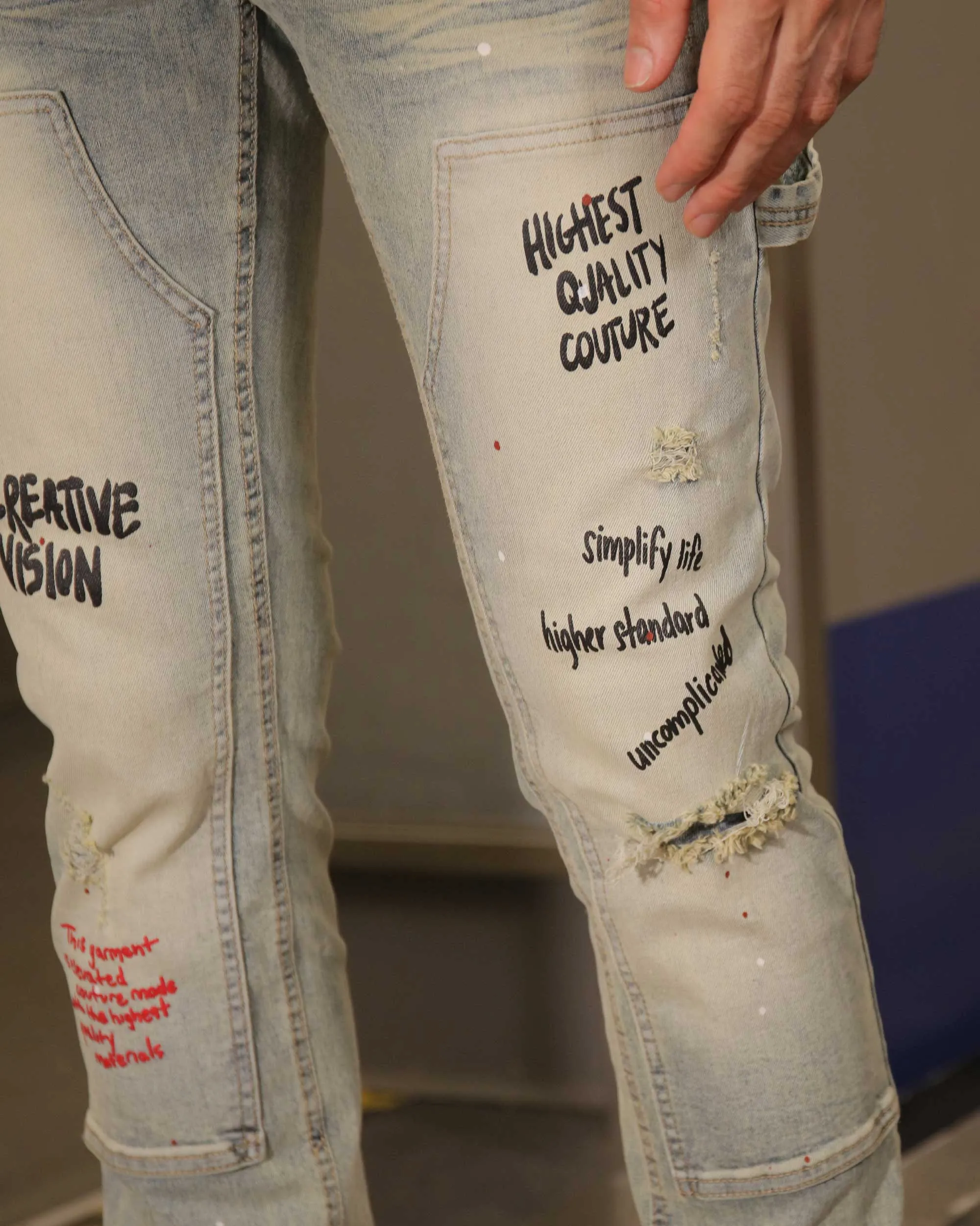 Spray Paint Graffiti Distressed Blue ripped Jeans