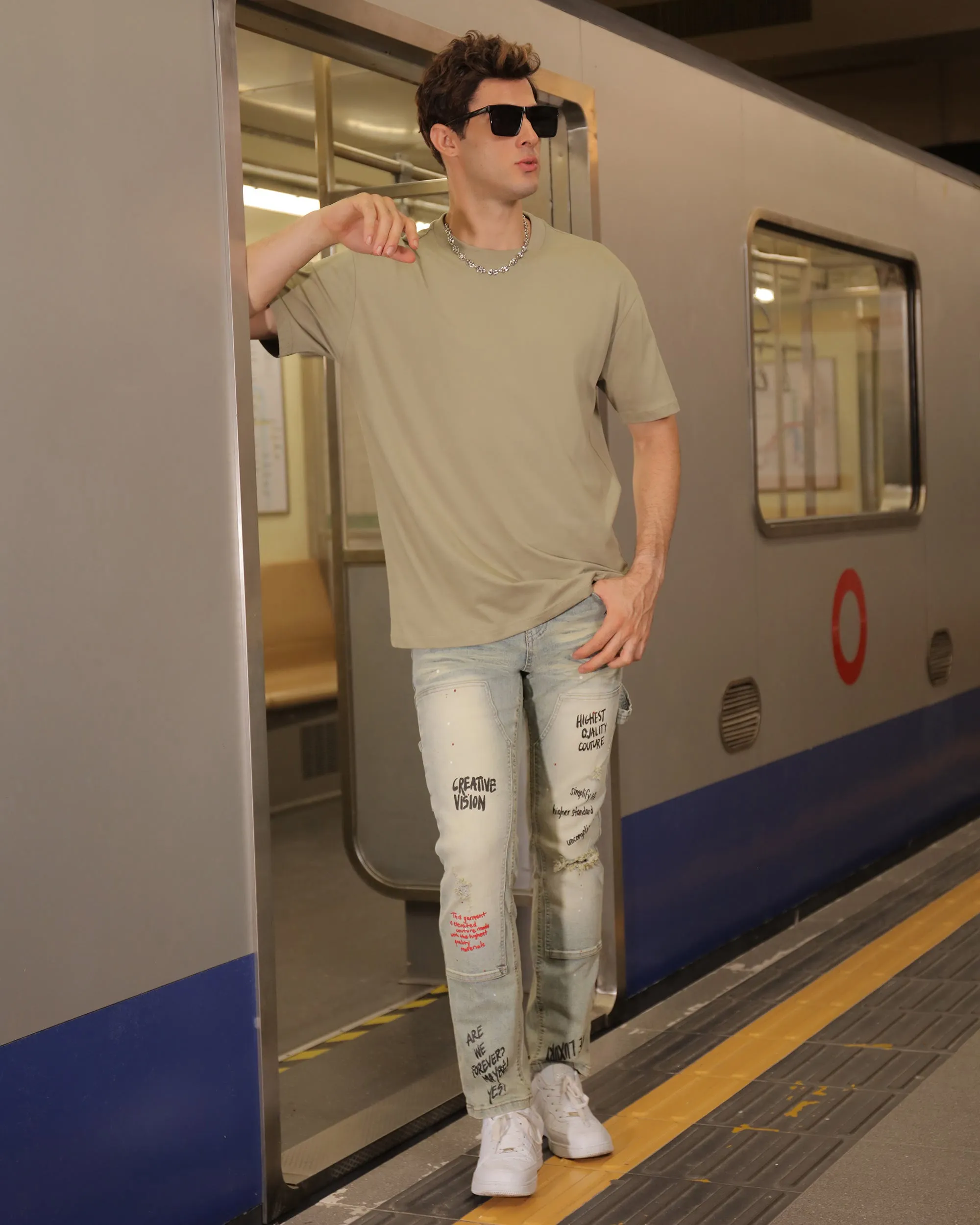 Spray Paint Graffiti Distressed Blue ripped Jeans