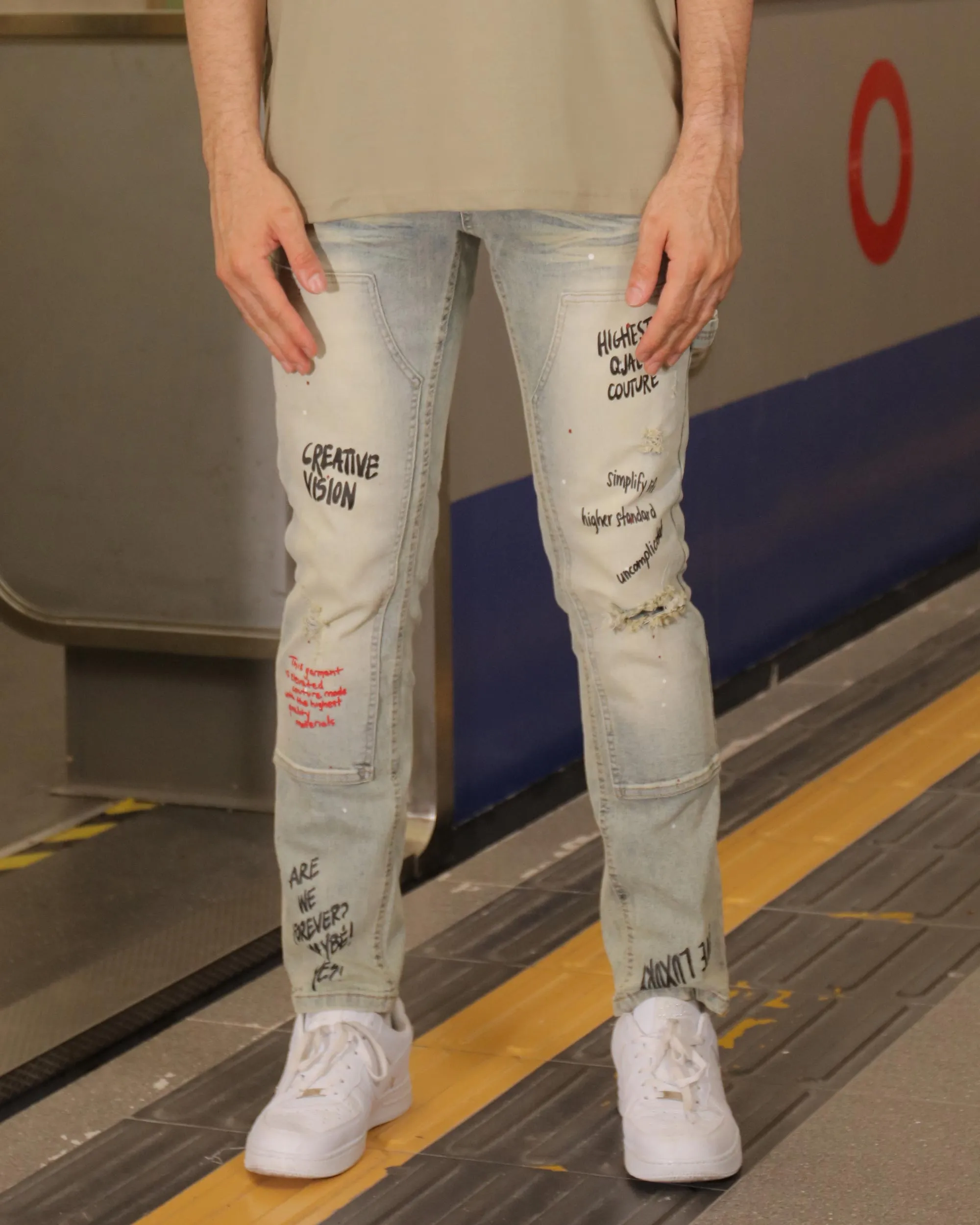 Spray Paint Graffiti Distressed Blue ripped Jeans