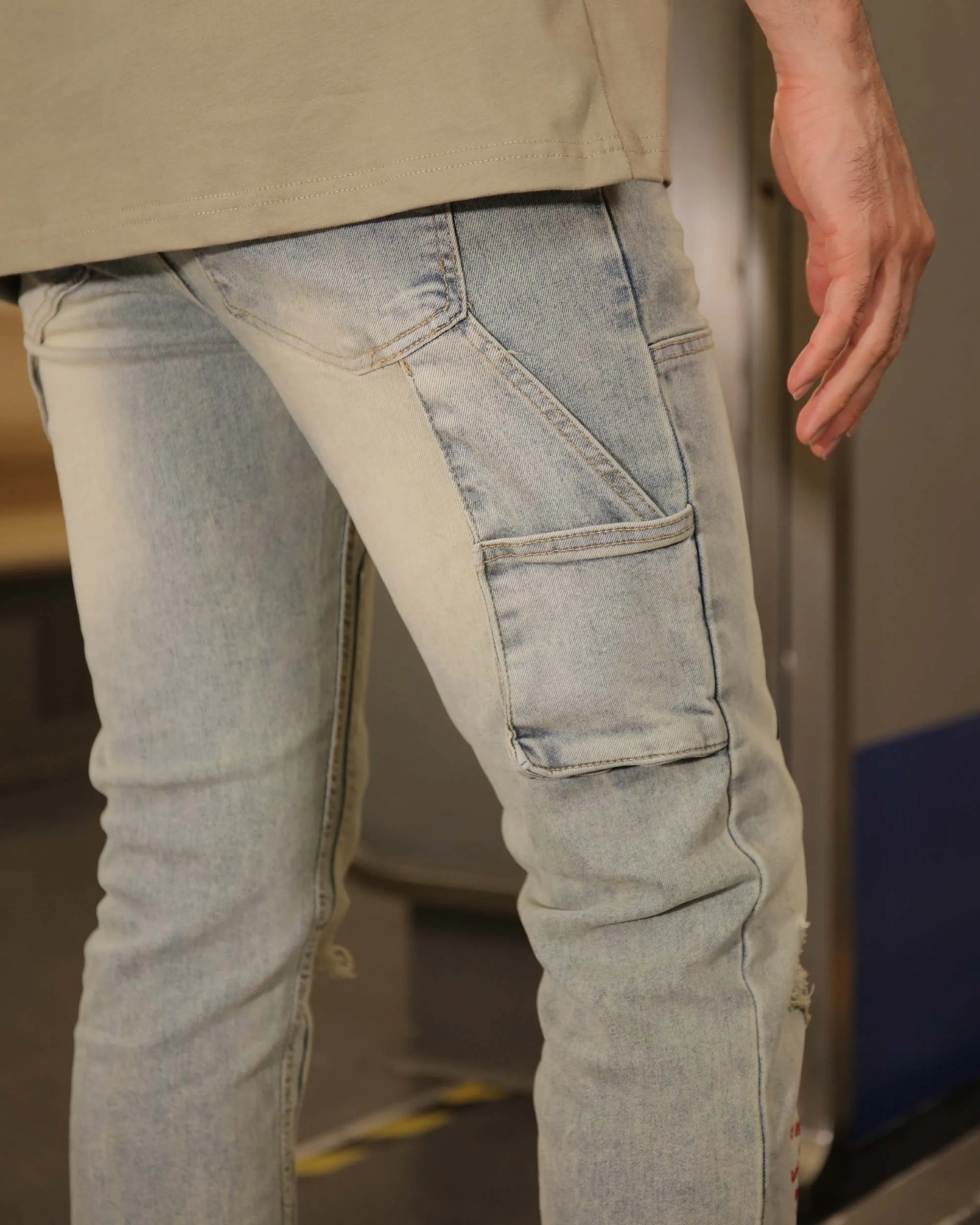 Spray Paint Graffiti Distressed Blue ripped Jeans