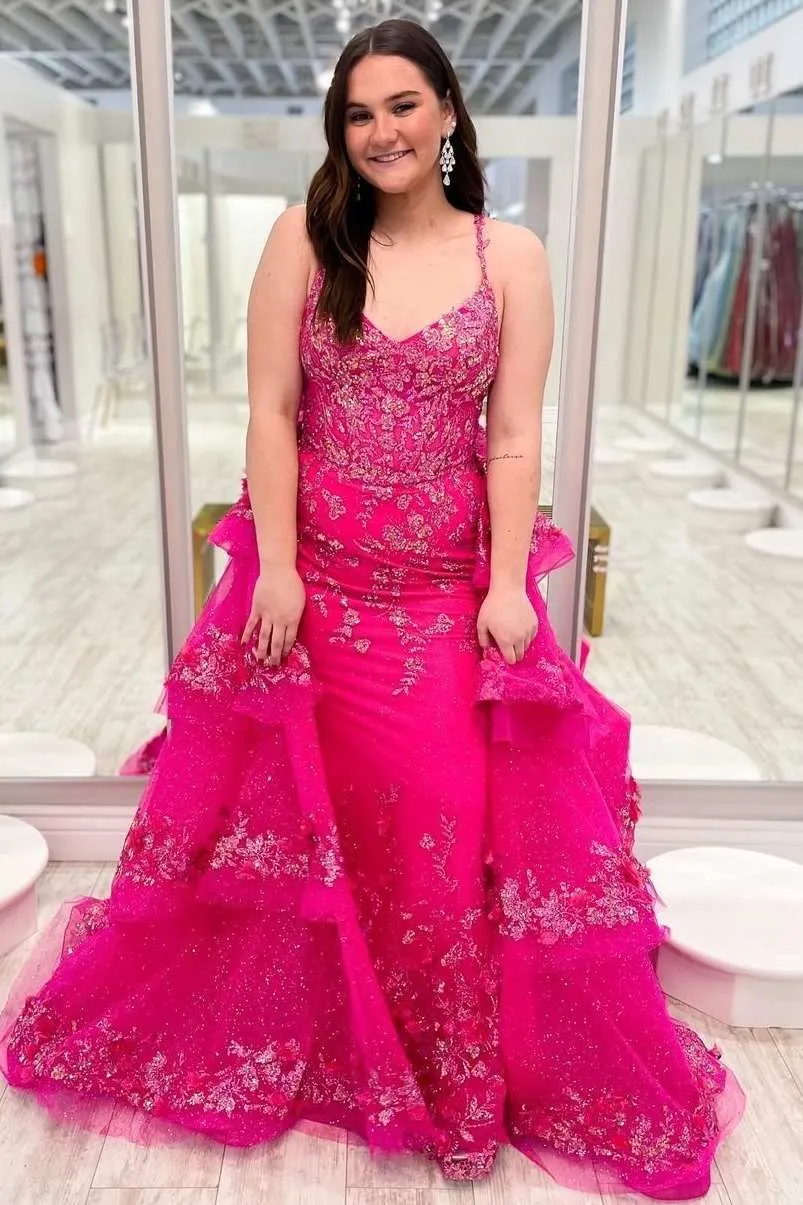 Stunning V-Neck Lace Appliques Detachable Train Formal Prom Dress
