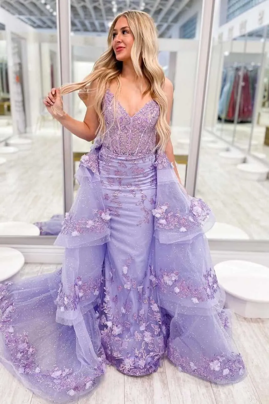 Stunning V-Neck Lace Appliques Detachable Train Formal Prom Dress