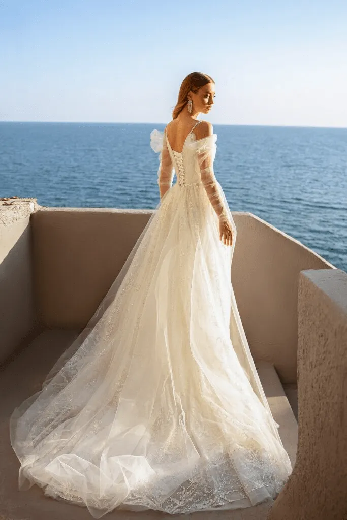 Sweetheart Neckline Wedding Dress with Sheer Sleeves - Lace Corset Back Wedding Dress - Sequin Ball Gown with Plus Size
