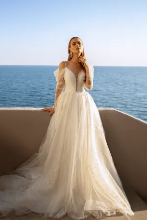 Sweetheart Neckline Wedding Dress with Sheer Sleeves - Lace Corset Back Wedding Dress - Sequin Ball Gown with Plus Size
