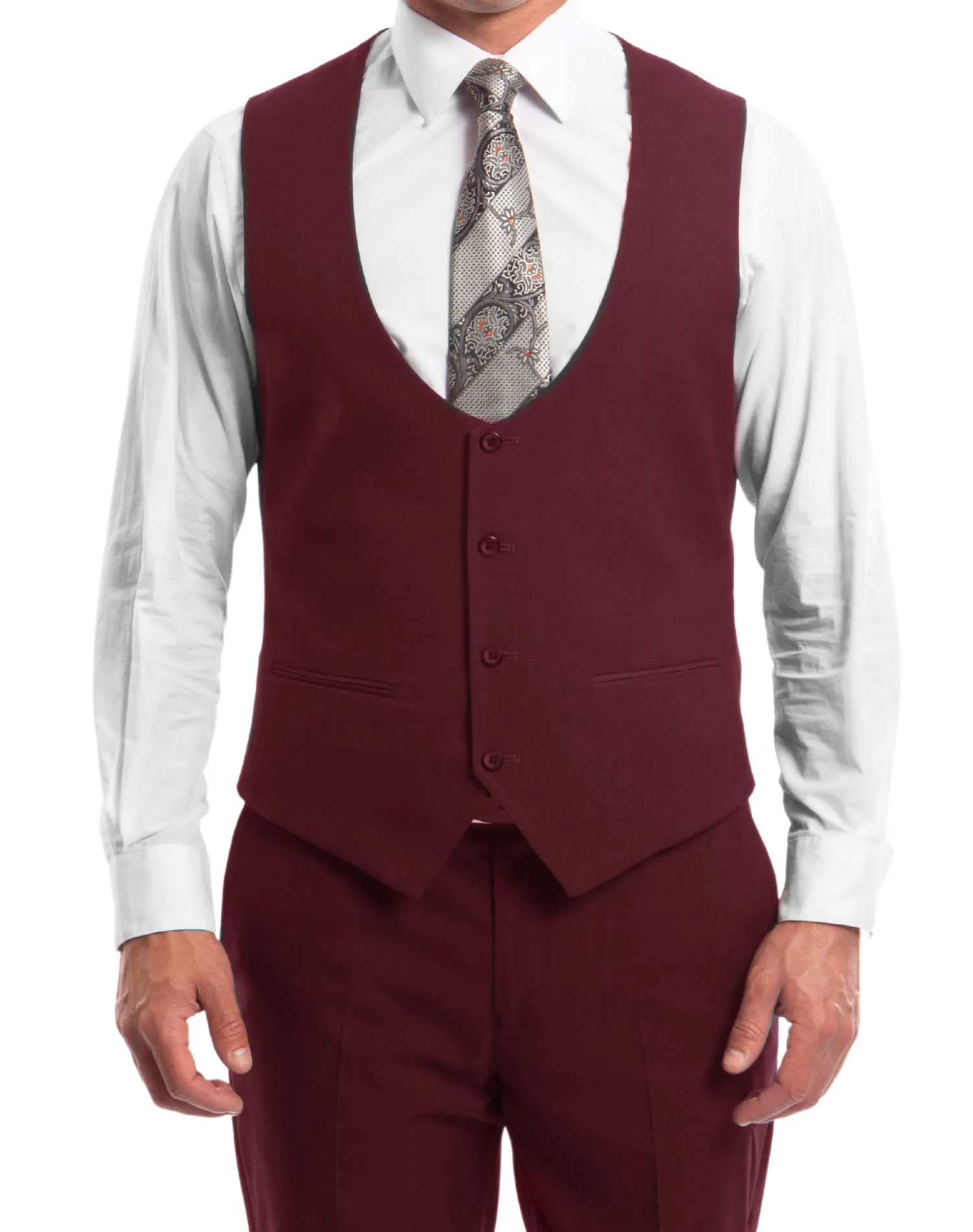 Tazzio Solid Ultra Slim Fit Vested Suit - Burgundy