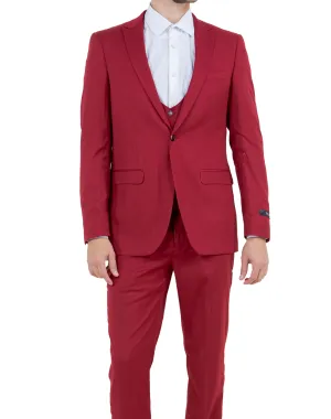 Tazzio Solid Ultra Slim Fit Vested Suit - Cherry Red
