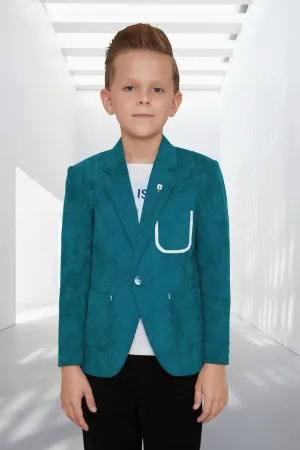 Teal Blue Blazer With White Printed T-shirt For Boys