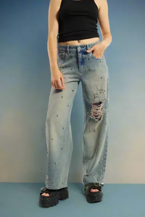 The Ragged Priest Dirty Wash Distressed Release Stud Jeans