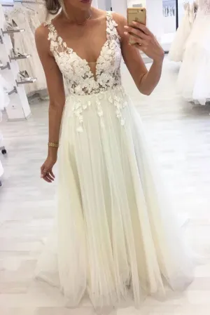 Unique V Neck Lace Applique Long Prom Dress A Line Tulle Formal Dresses PFP1603