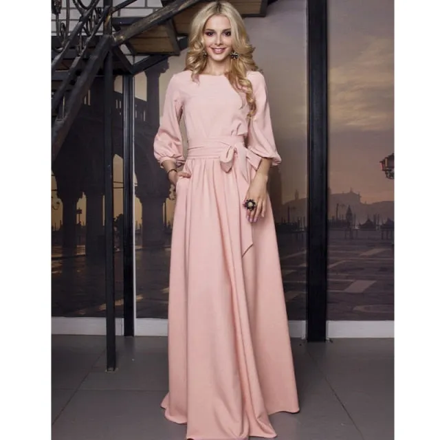 Vintage Bow Tie Maxi Elegant Long Dress