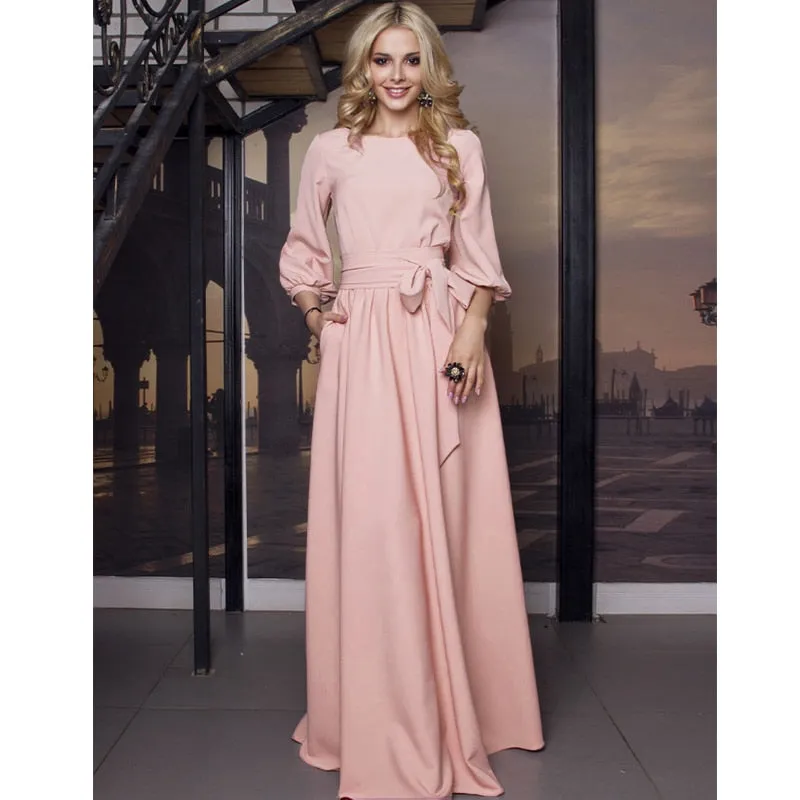 Vintage Bow Tie Maxi Elegant Long Dress