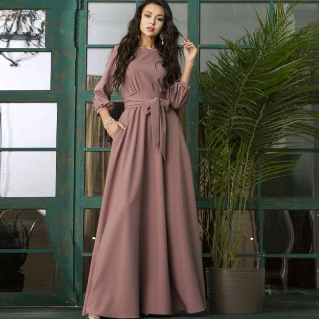 Vintage Bow Tie Maxi Elegant Long Dress