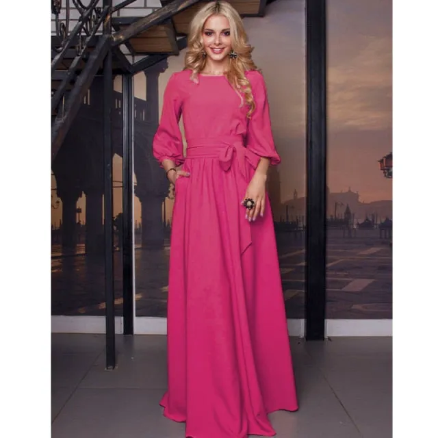 Vintage Bow Tie Maxi Elegant Long Dress