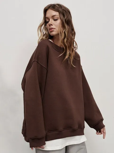 Women's Fashionable Neutral Sweatshirt – Loose-Fit Crew Neck, Autumn/Winter New Arrival, Trendy Plaid Fleece