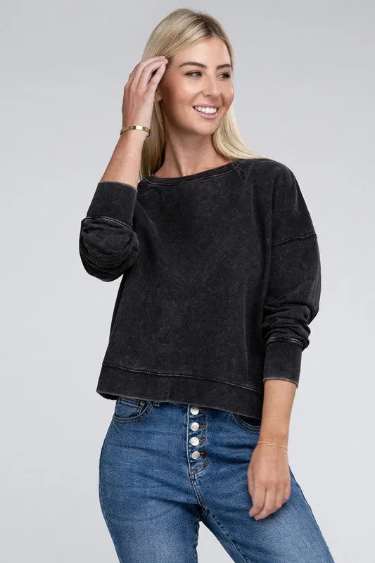 Zenana French Terry Acid Wash Boat Neck Sweatshirt