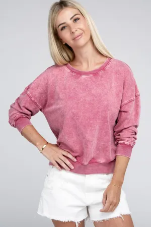 Zenana French Terry Acid Wash Boat Neck Sweatshirt