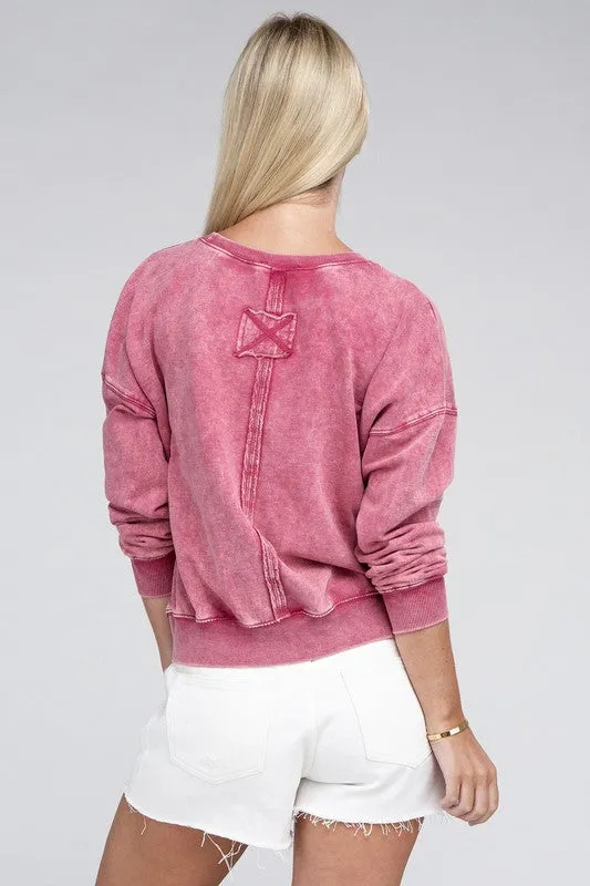 Zenana French Terry Acid Wash Boat Neck Sweatshirt