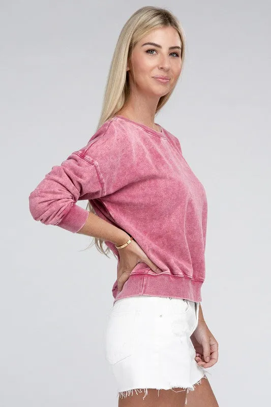 Zenana French Terry Acid Wash Boat Neck Sweatshirt