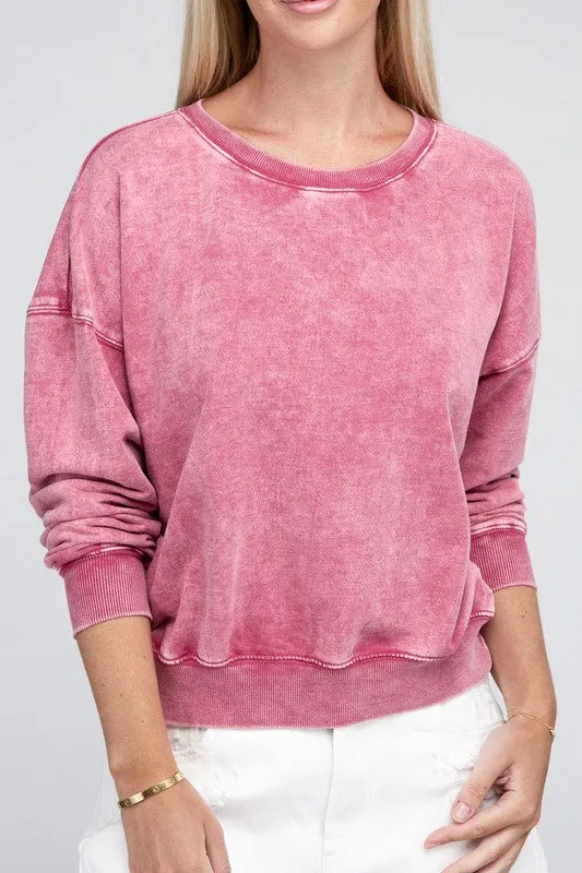 Zenana French Terry Acid Wash Boat Neck Sweatshirt