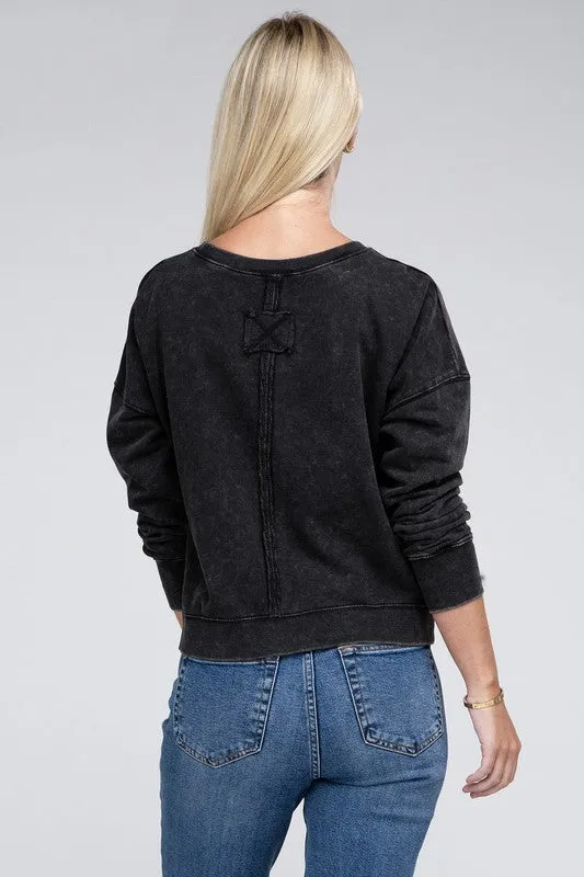 Zenana French Terry Acid Wash Boat Neck Sweatshirt