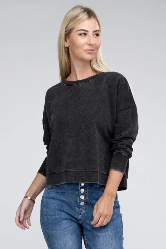 Zenana French Terry Acid Wash Boat Neck Sweatshirt